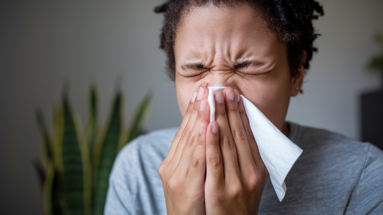 Femme qui éternue à cause d'une allergie au pollen au printemps