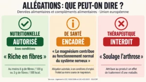 Tableau comparatif des trois catégories d'allégations alimentaires : nutritionnelle autorisée sous seuil, de santé encadrée, thérapeutique interdite
